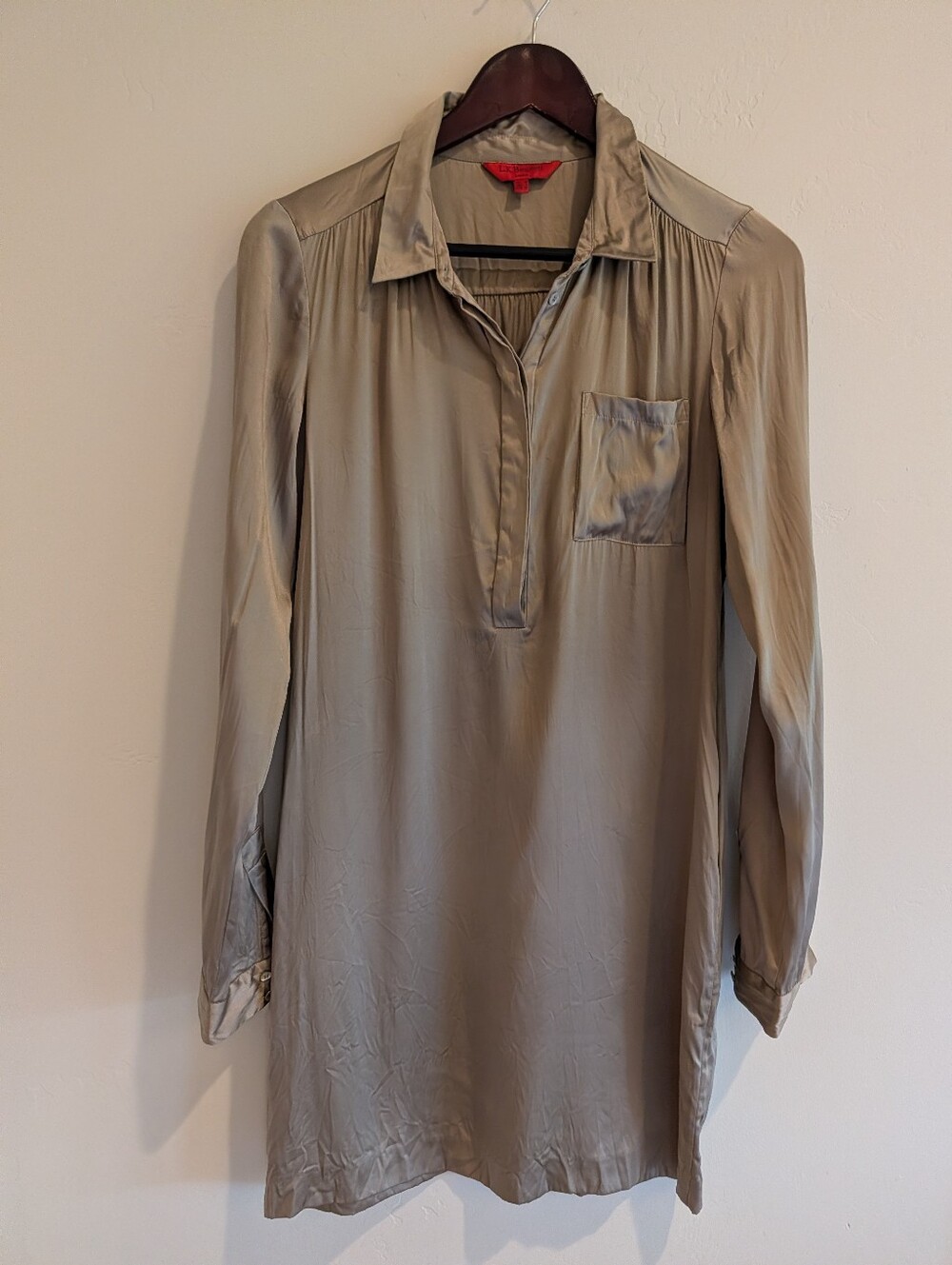 L.K. Bennett SILK Blend Shirt Dress Mocha Satin Long Sleeve Size 6